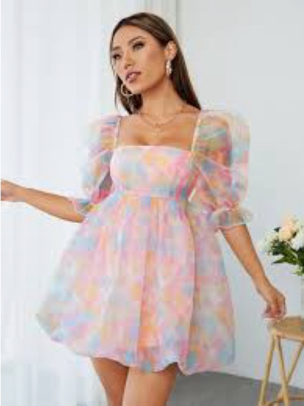 SHEIN Petite Pastel Multi-Color Puff Sleeve Mini Dress